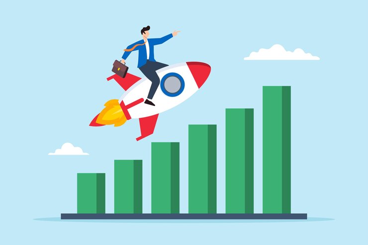 Vector flat illustration of businessman rides rocket on growth bar graph representing fast business growth and investment profit