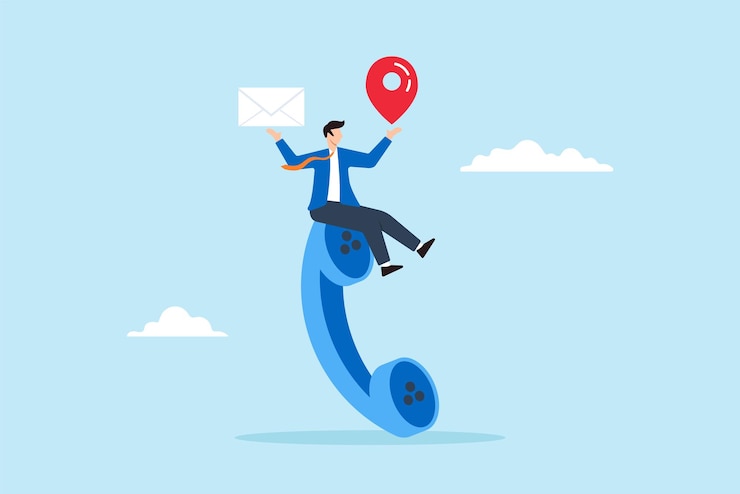 Vector flat illustration of businessman on telephone holds email and location pin communicating business information to clients