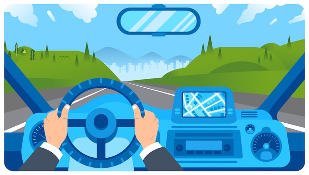 Vector flat illustration of car dashboard with driver hand on steering wheel