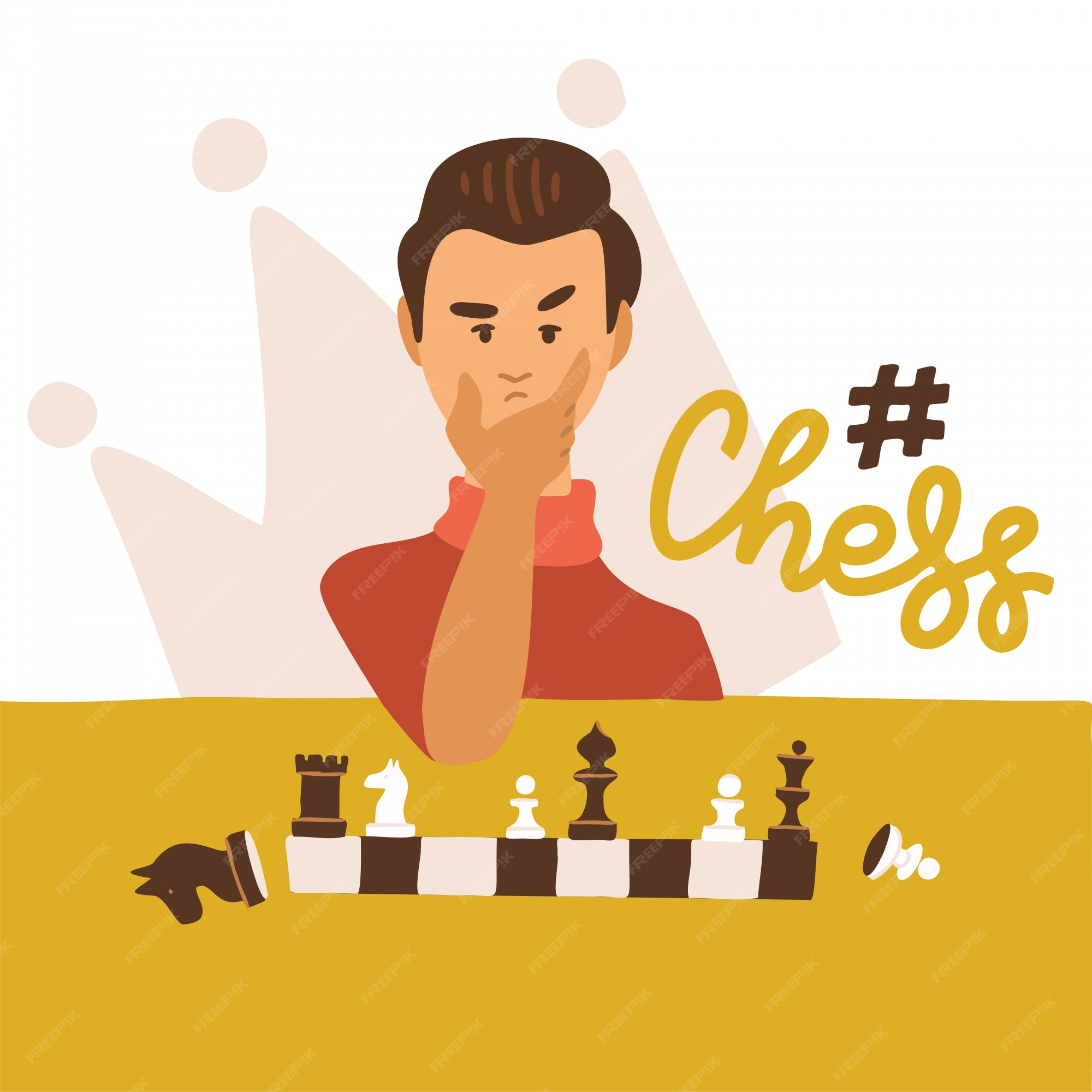 Cute cartoon drawing chess board with figures in flat style