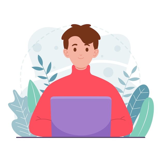 Vector flat illustration of character working on laptop at home