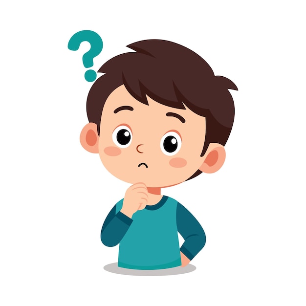 青いTシャツを着て考えている子供のフラットイラスト