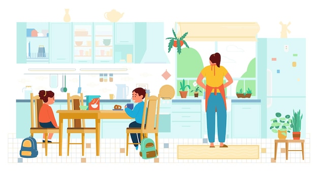 Illustrazione piana dei bambini che fanno colazione prima della scuola madre che lava i piatti