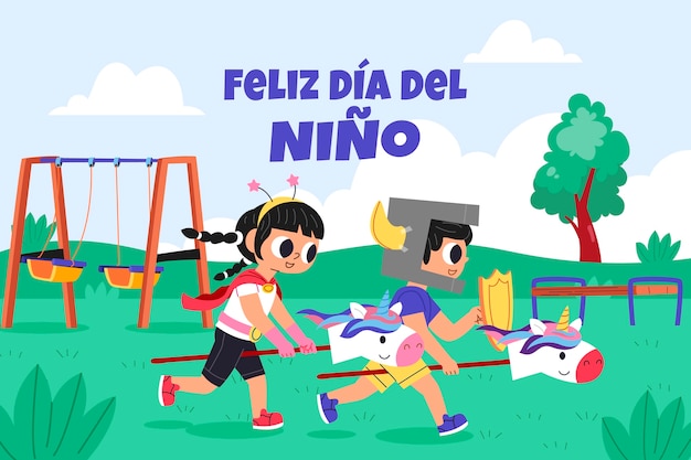 スペイン語での子供の日のお祝いのためのフラットのイラスト