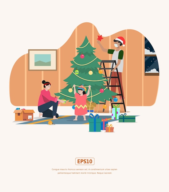 Illustrazione piatta natale famiglia che organizza l'albero di natale può essere utilizzato per la stampa, il web, l'app