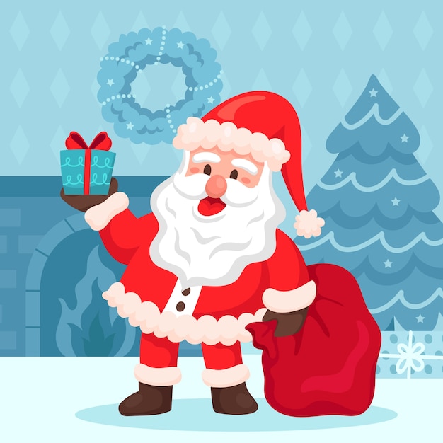 Плоская иллюстрация для празднования Рождества с мультяшным Санта-Клаусом