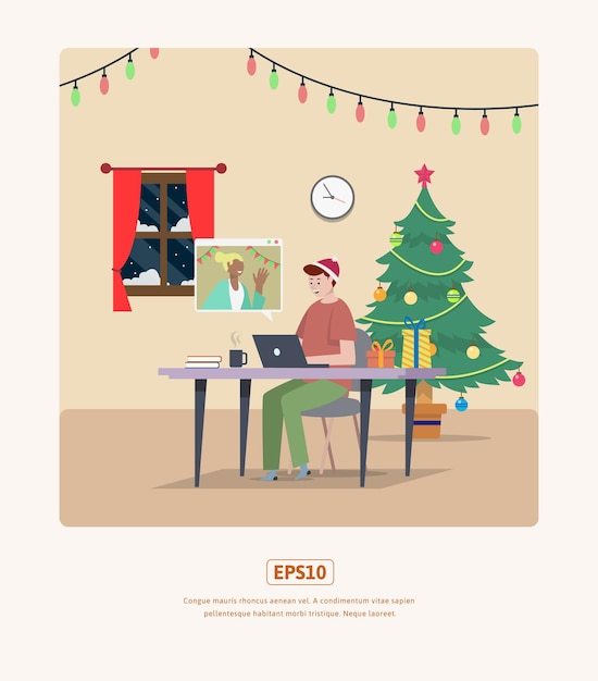 フラットイラストクリスマスビデオ通話印刷、ウェブ、アプリ、インフォグラフィックなどに使用できます