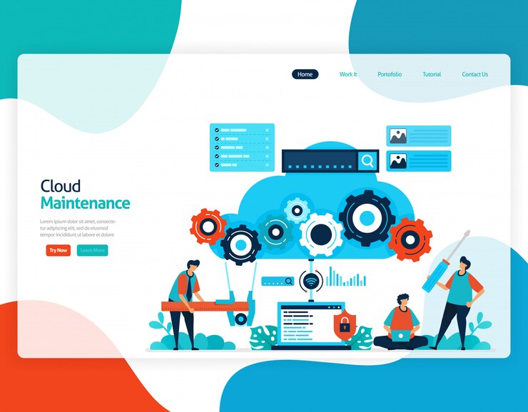 Vector flat illustration of cloud maintenance. repair and maintenance of cloud storage technology.
