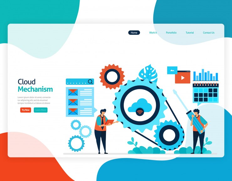 Vector flat illustration of cloud mechanism. repair and maintenance of cloud storage technology.