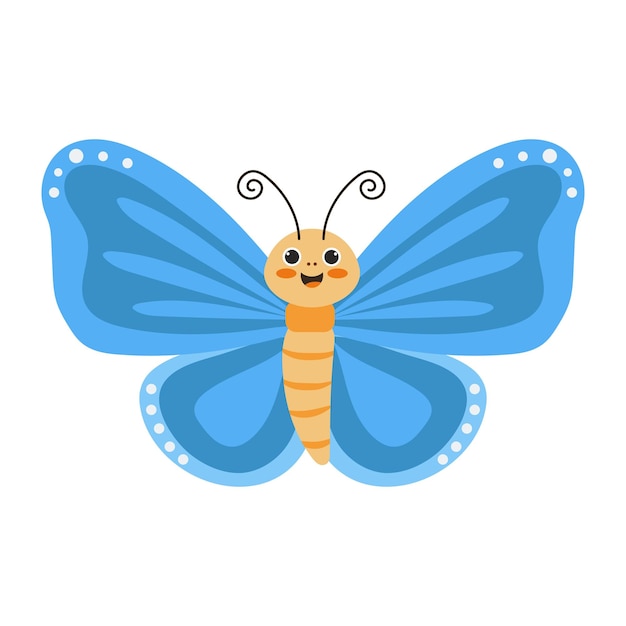 Flat illustration of a colorful cheerful butterfly with blue wings on a white background