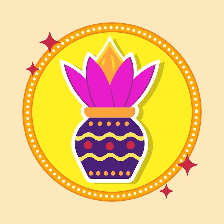 वेक्टर flat illustration of colorful sticker kalash worship pot icon