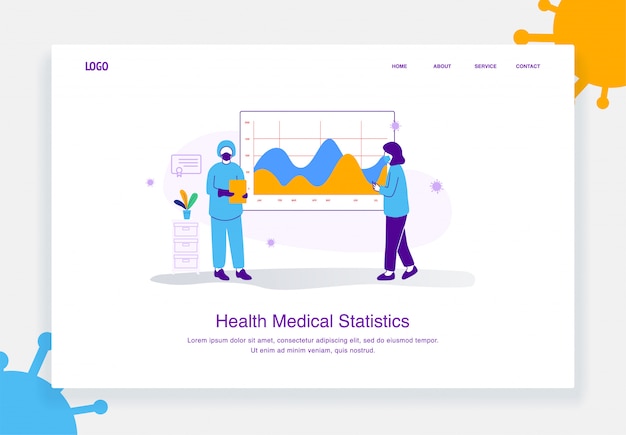 Illustrazione piatto concetto di equipe medica che mostra l'analisi dei dati sanitari, covid 19 diagramma statistica per modello di pagina di destinazione