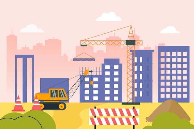 The flat illustration of construction site under construction