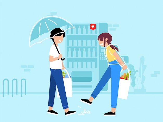 Flat illustration of couple having fun shopping in grocery after rain
