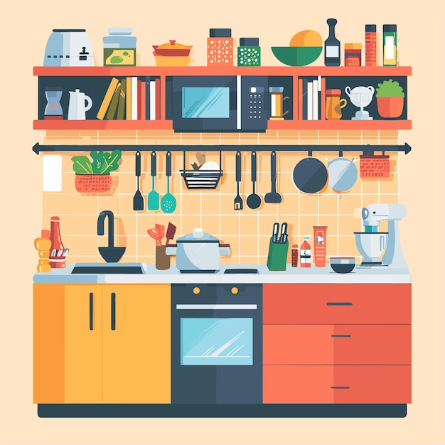 Flat illustration of the cozy kitchen in warm colors High resolution