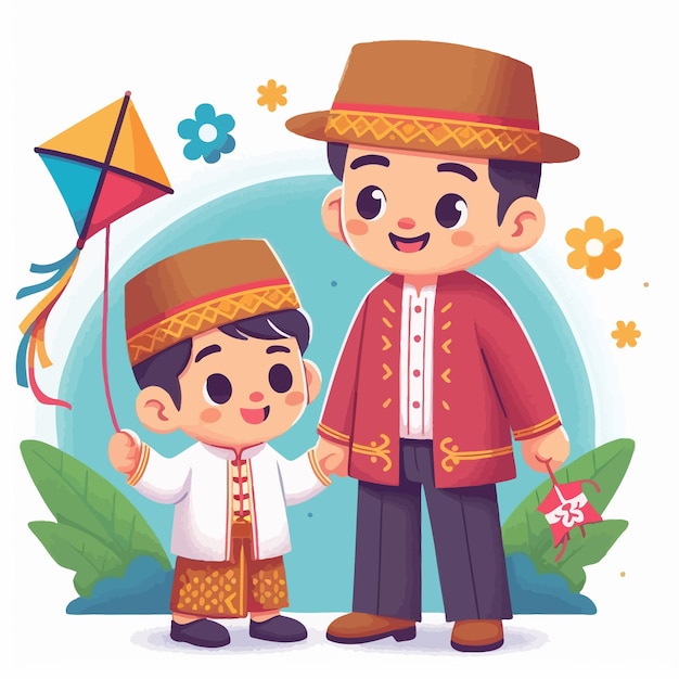 Vector a flat illustration of cute asian dad and son