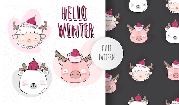 Flat illustration cute baby face animal winter season