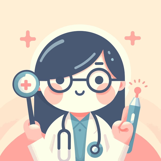 A flat illustration of a cute doctor with a minimalist background