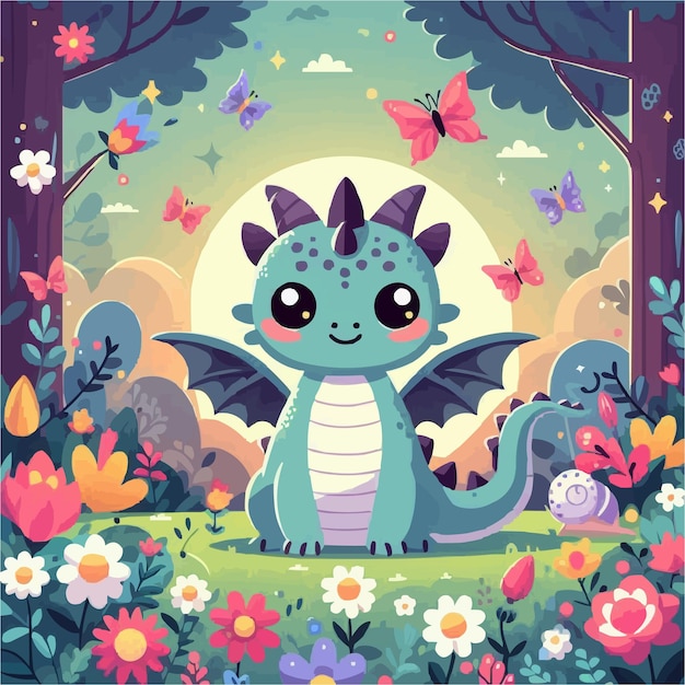 a flat illustration of cute dragon with kawaiii style