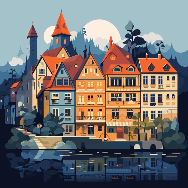 Vector flat illustration of a cute old town high resolution