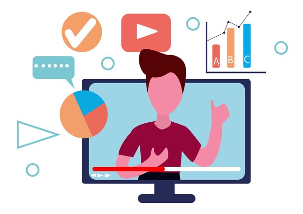 Flat illustration of Data Analyst giving online presentation with charts