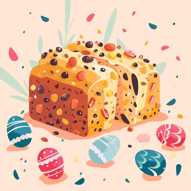 Vettore illustrazione piatta del delizioso panettone con caramelle e cioccolato sullo sfondo delle uova di pasqua