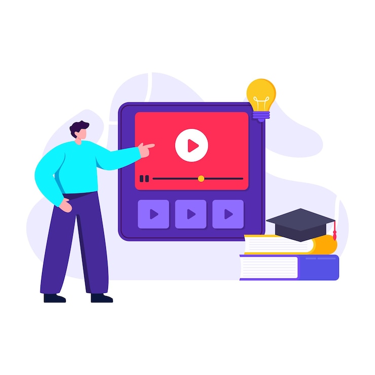 Vector flat illustration denoting video tutorial having books and person