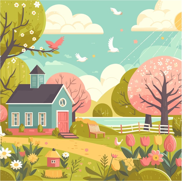 a flat illustration design of daily activity in spring season in the world