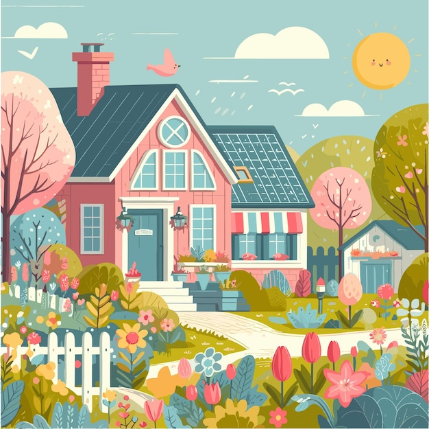 a flat illustration design of daily activity in spring season in the world