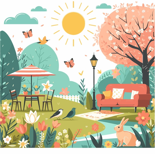 a flat illustration design of daily activity in spring season in the world