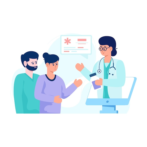 A flat illustration design of doctors discussion health team