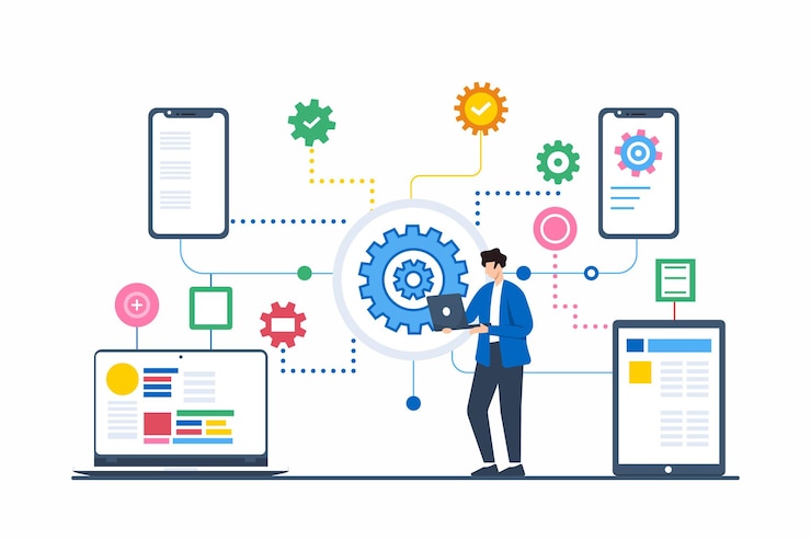 Vector flat illustration of developer integrating apis for seamless crossplatform data synchronization