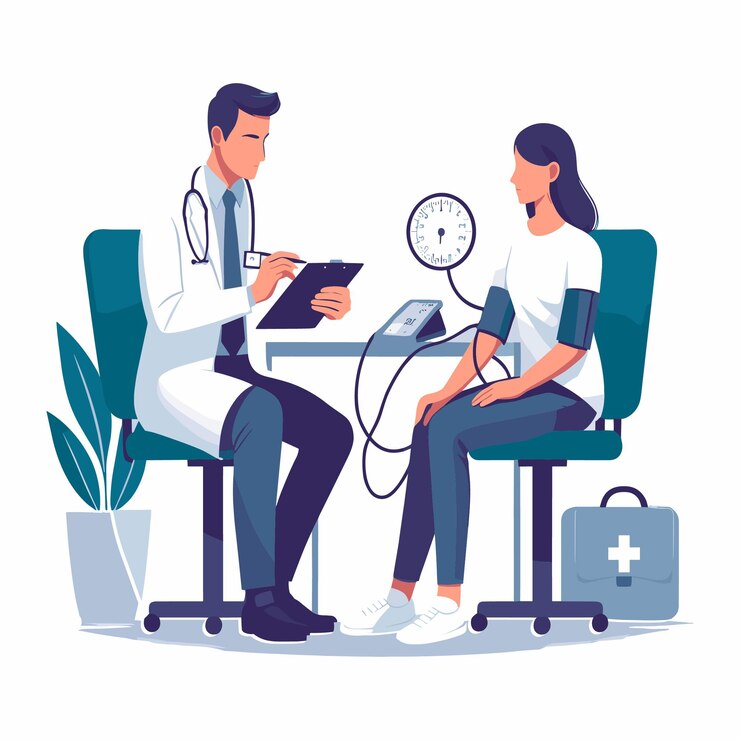 Vector flat illustration of diabetic patient and doctor in clinic