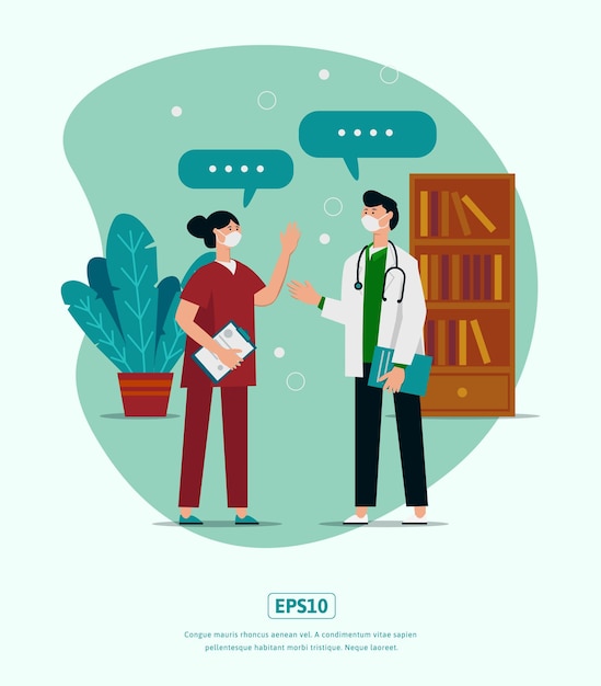 Vector flat illustration, doctor discussion with plant, and bookshelf