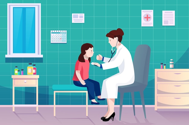 Flat illustration of a doctor examining a young child patient