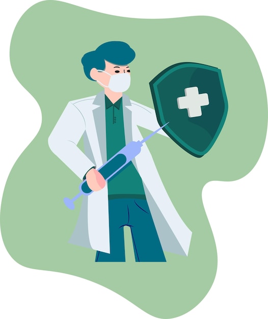 Плоская иллюстрация врача со шприцем и щитом от коронавируса, вакцинация