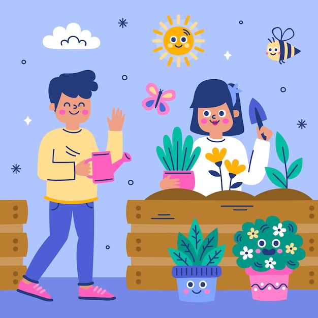 flat illustration for earth day celebration with people planting
