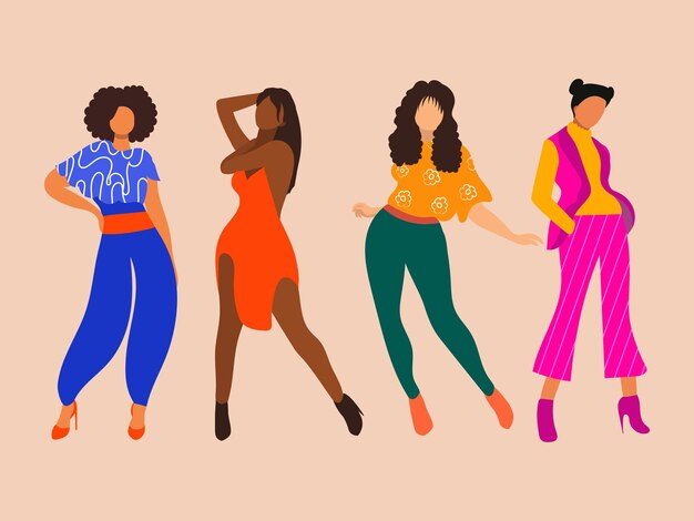 Vector flat illustration of elegant women of color with different ethnicities doing fashion poses