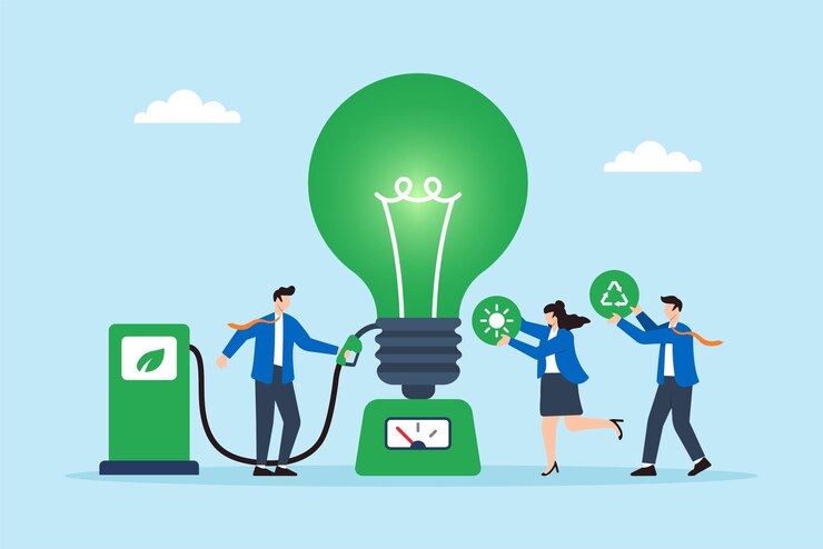 Vector flat illustration of employees fueling green lightbulb engine with ecofriendly icons for sustainable company power