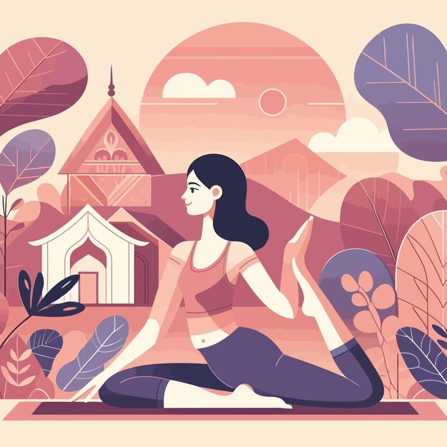 A flat illustration of a European woman doing yoga