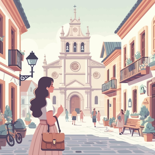 Vector a flat illustration of european woman visiting old town