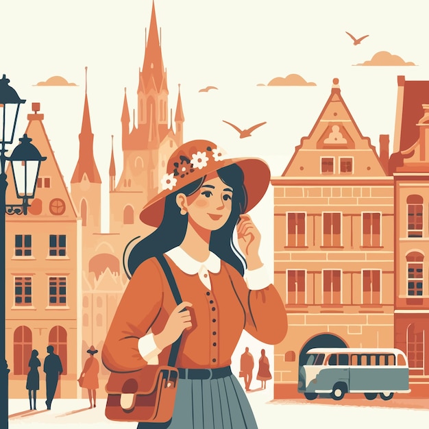 Vector a flat illustration of european woman visiting old town