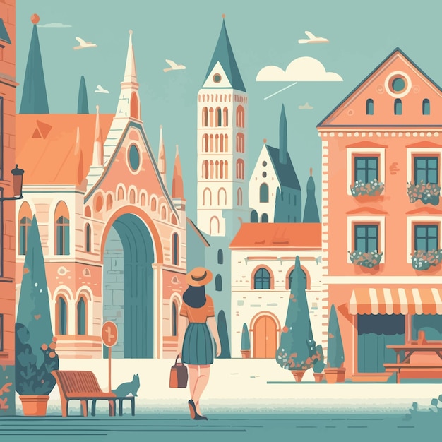 Vector a flat illustration of european woman visiting old town