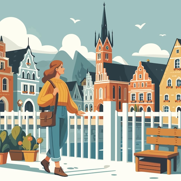 Vector a flat illustration of european woman visiting old town