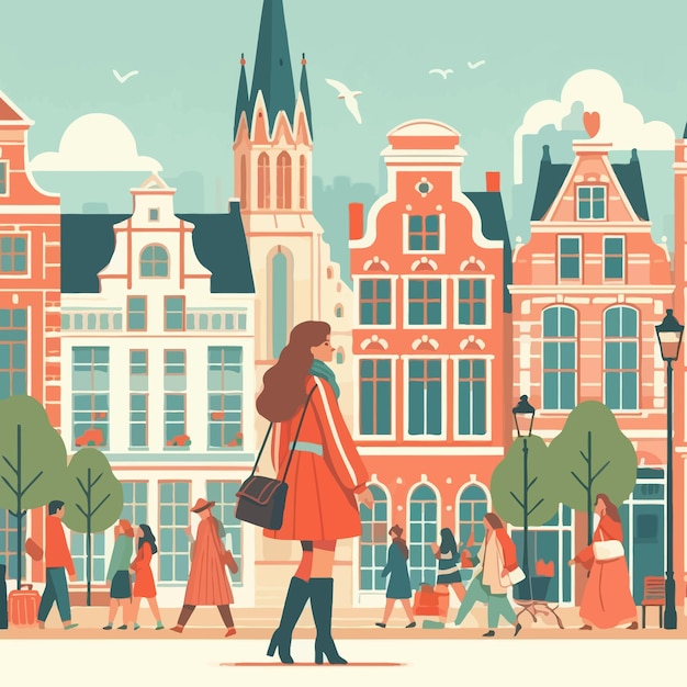 Vector a flat illustration of european woman visiting old town