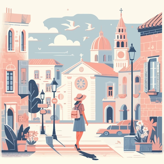 a flat illustration of european woman visiting old town