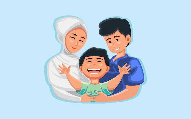 Vector flat illustration family hug, mom, father, and children