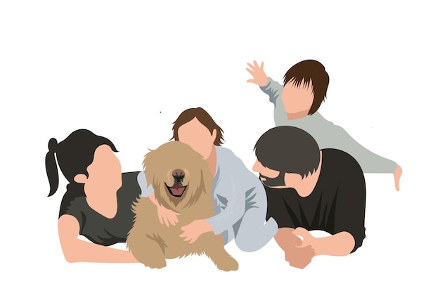 A flat illustration of family with a dog