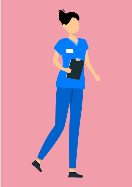 Vector flat illustration of female surgeon in blue uniform holding clipboard in hand on pink background