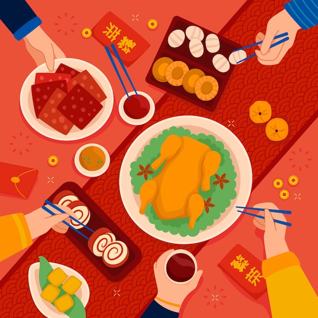 ベクトル 中国の新年再会ディナーのフラットイラスト